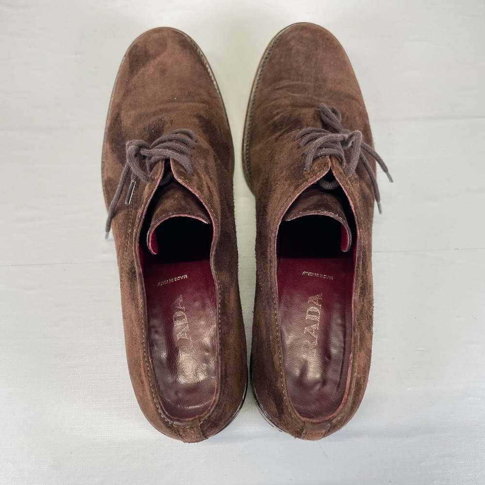 Vintage Prada Womens Derby Shoes Size 37.5 US 7.5 Brown Suede Lace Up Heeled - Picture 10 of 10